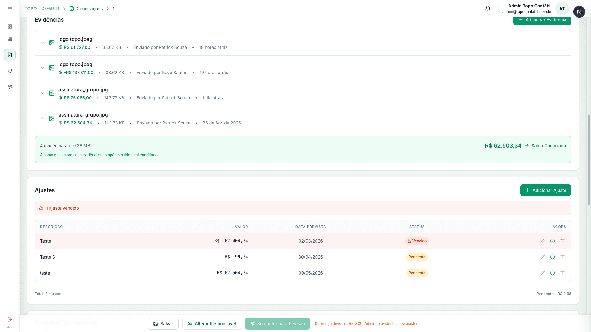 Tela do modulo Ajustes