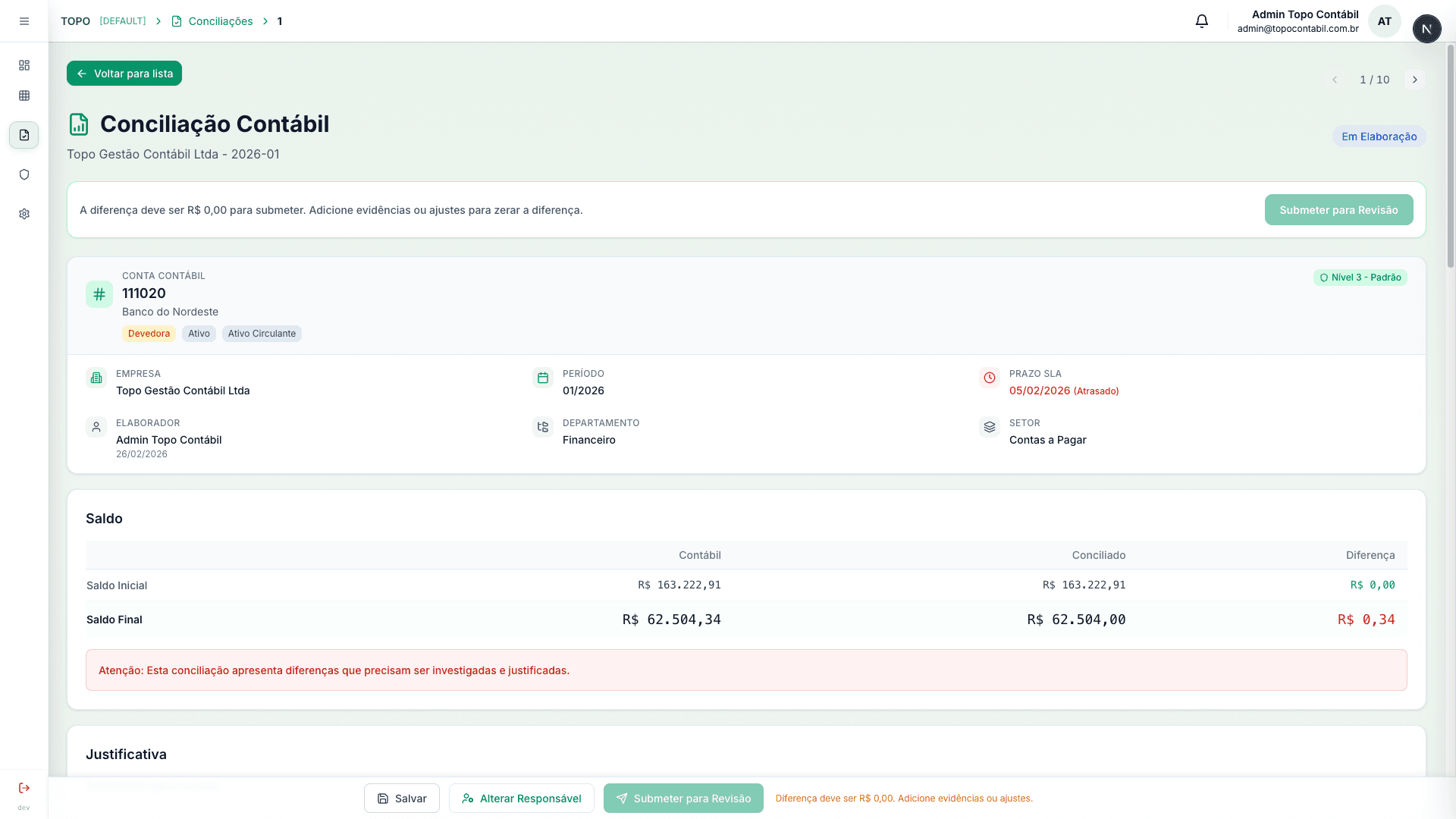 Tela do modulo Evidencias
