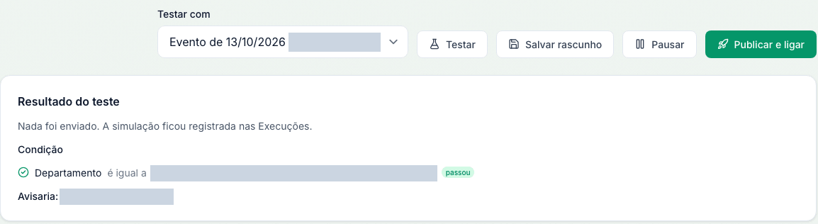 The result of Testar on a real event: nothing was sent and the condition passed