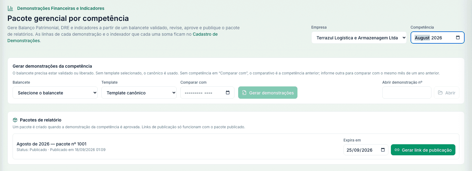 Tela de geração de demonstrações por competência, com empresa, balancete, template e o indexador de cada conta do plano.